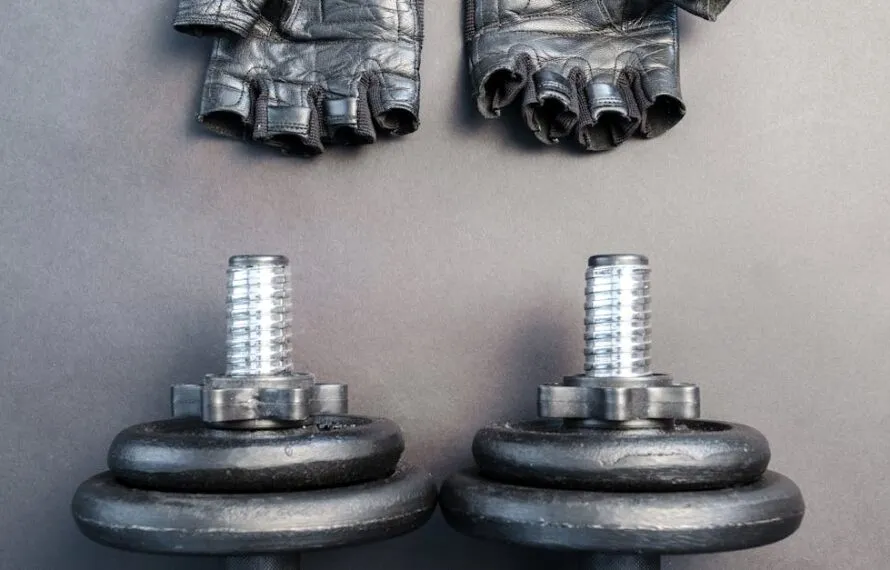 Halteres pretos e luvas de musculação sobre fundo escuro.